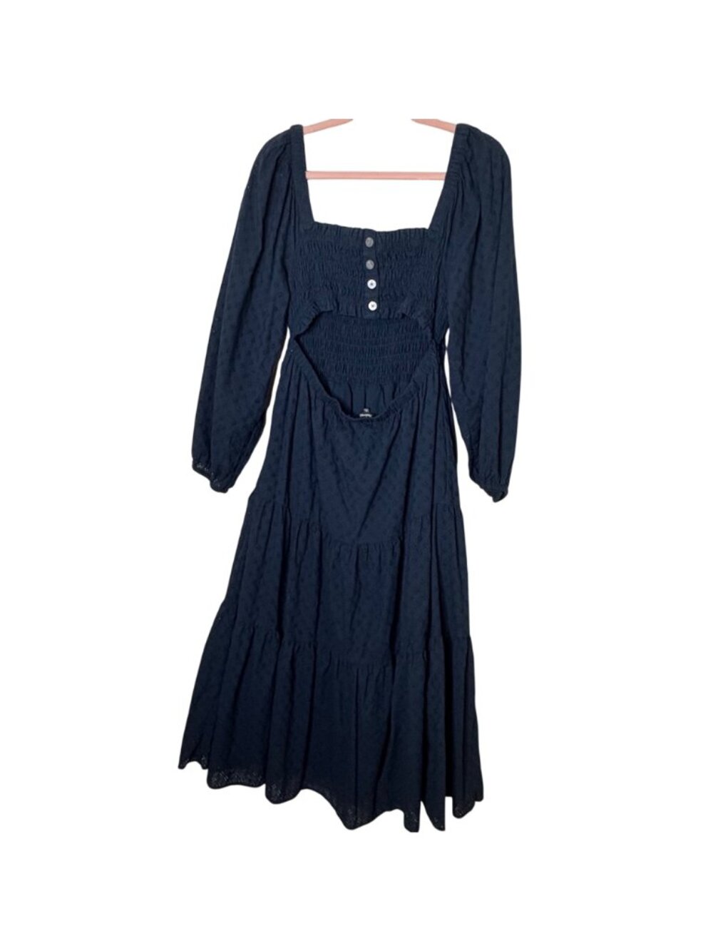 Madewell Lucie Dress Women's XL Navy Eyelet Smocked Midi Cutout Back Puff Sleeve - Picture 4 of 6